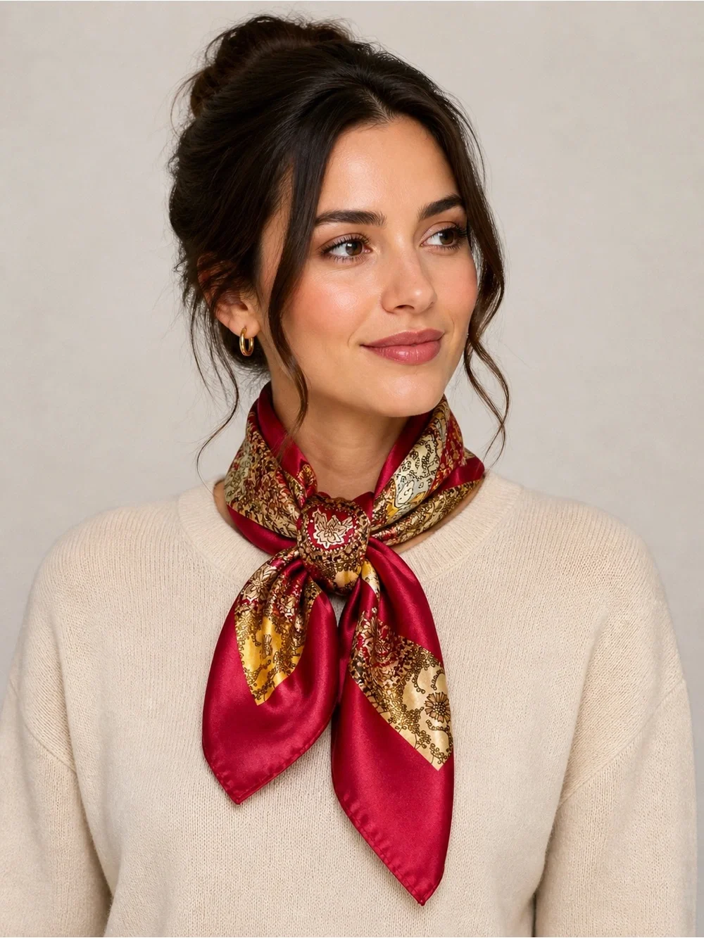Boho Paisley Print Silky Satin Square Neck Scarf, Red Maroon Burgundy & Gold